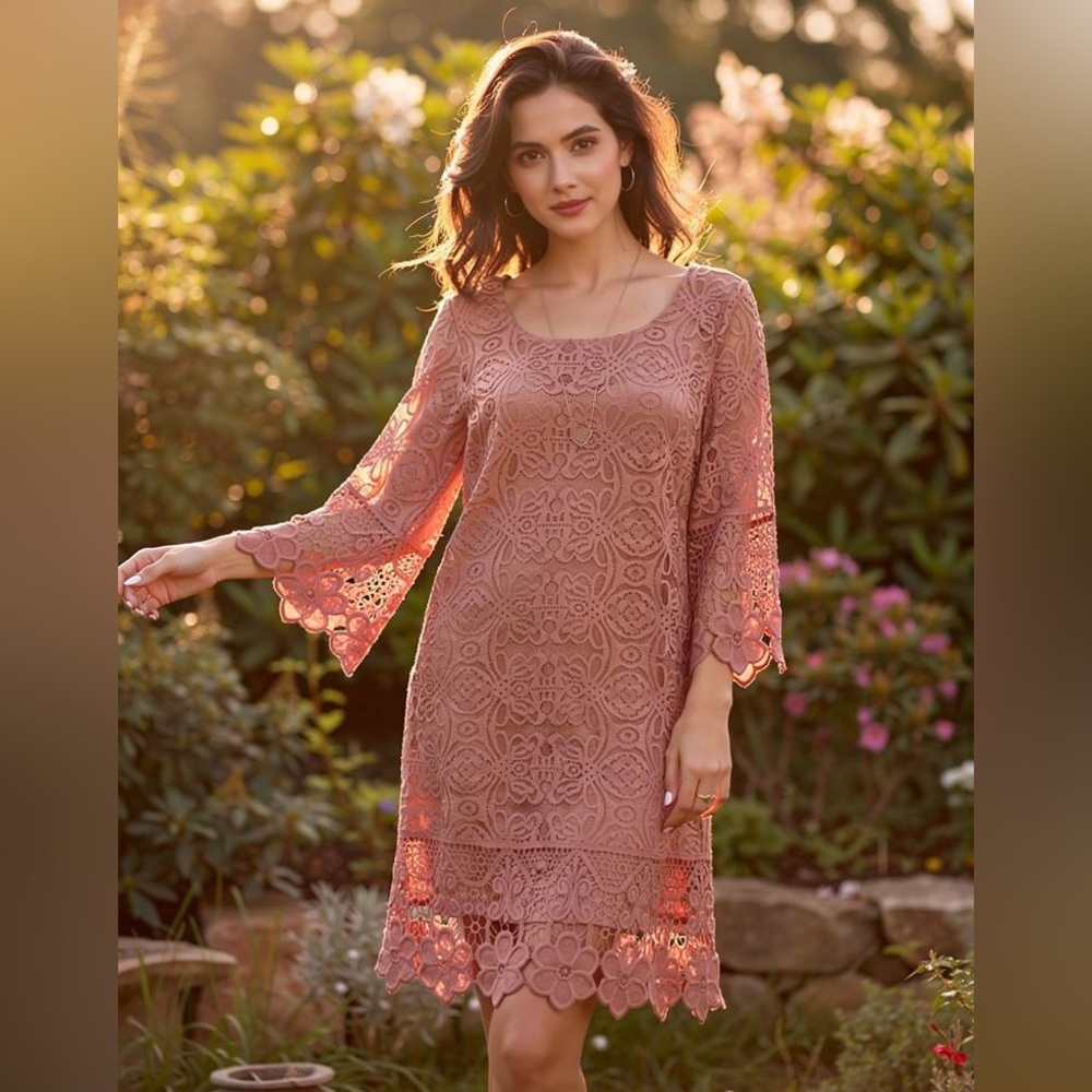 NWT Alfani Blush Pink Lace Midi Dress Bell Sleeve Wedding Guest Size M